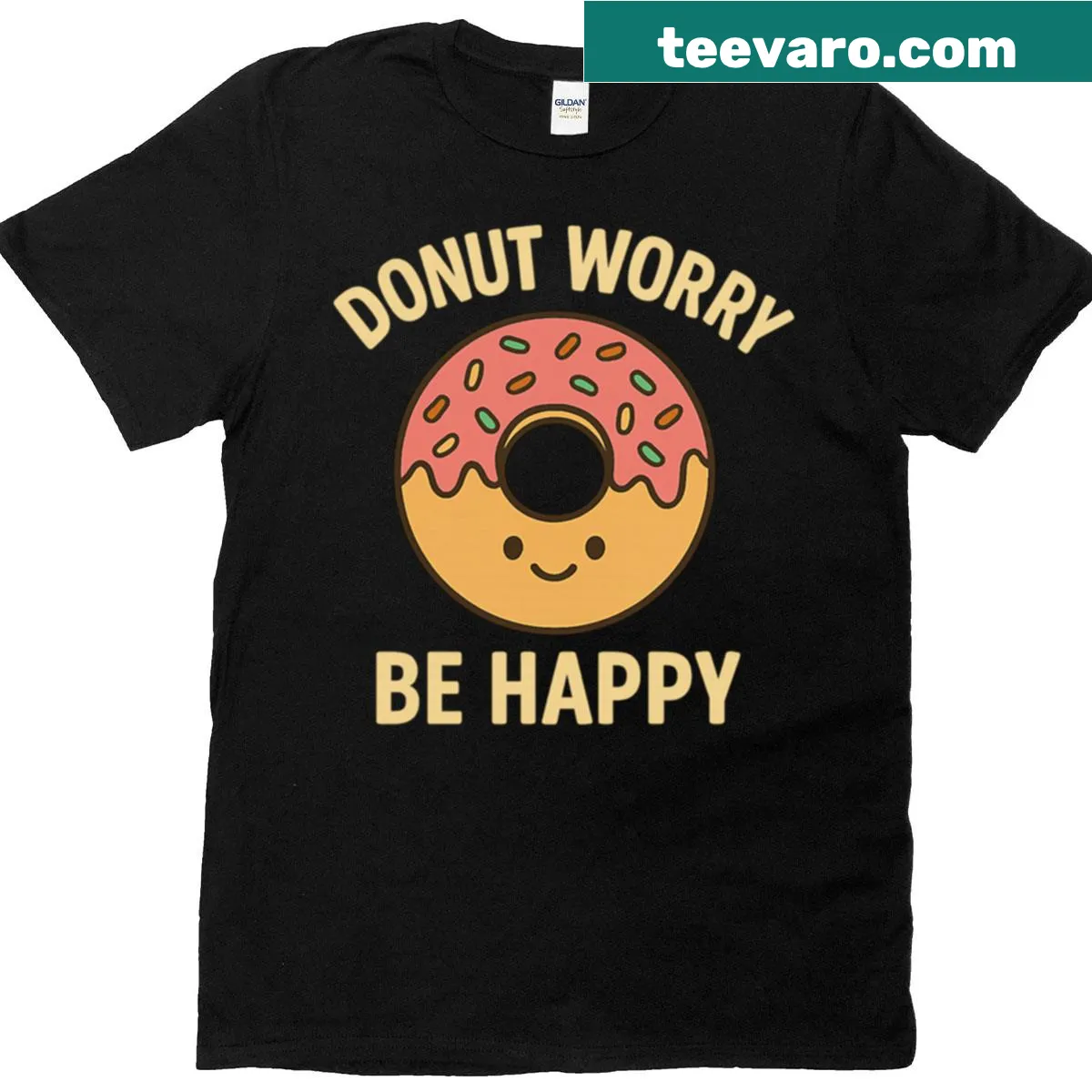 Cute kawaii donut design with the phrase 'Donut Worry Be Happy' — on a men's t-shirt