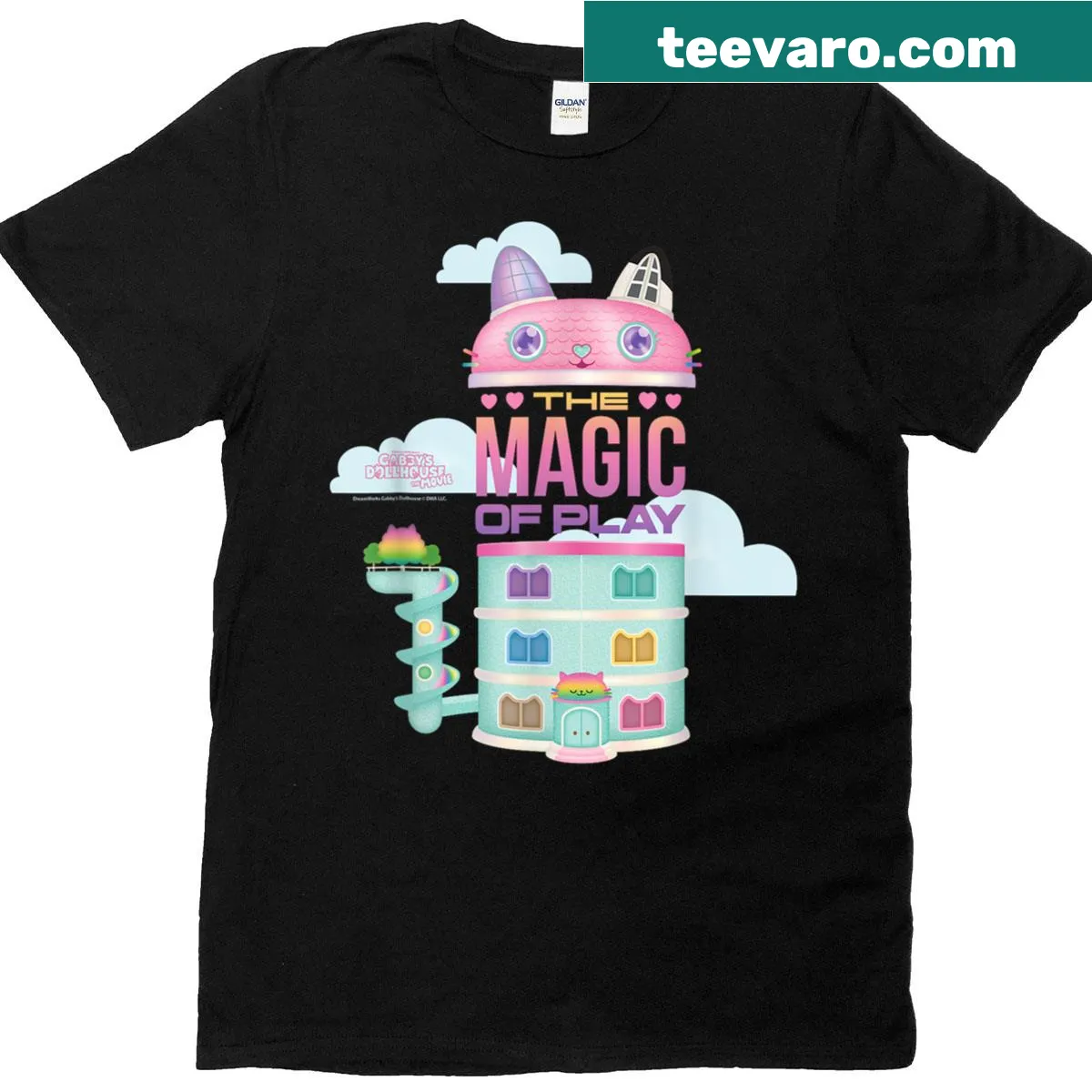Illustrated t-shirt inspired by Gabby's Dollhouse — on a men's t-shirt