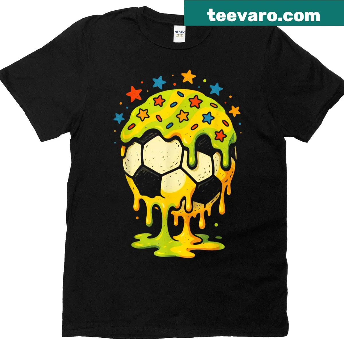 Cartoon-style dripping soccer ball graphic on T-shirt — on a men's t-shirt