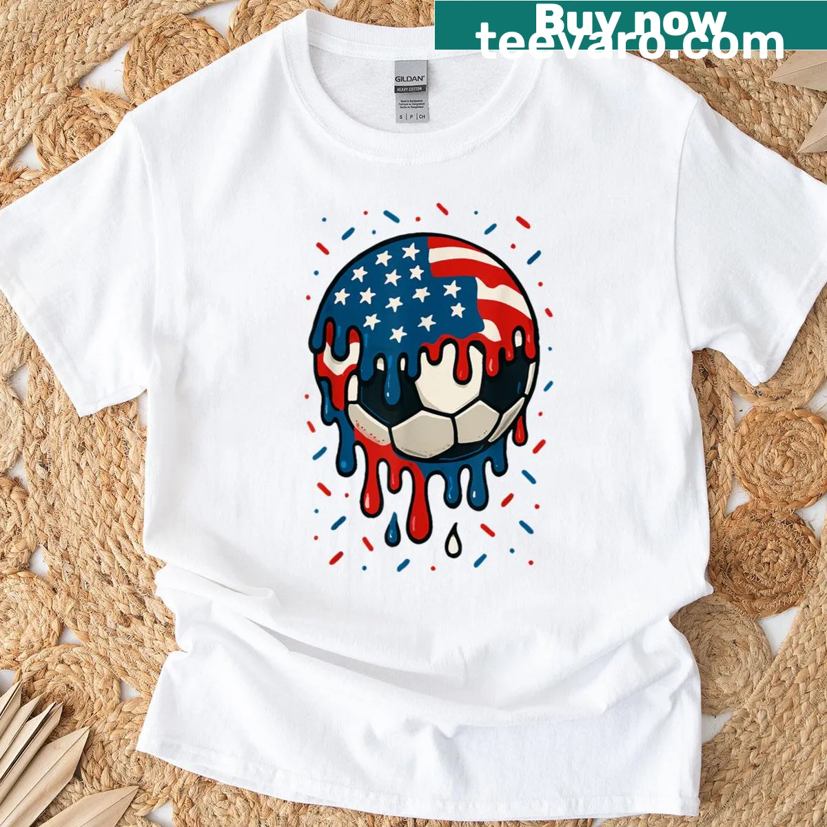 Patriotic soccer ball t-shirt featuring a dripping design — on a men's t-shirt