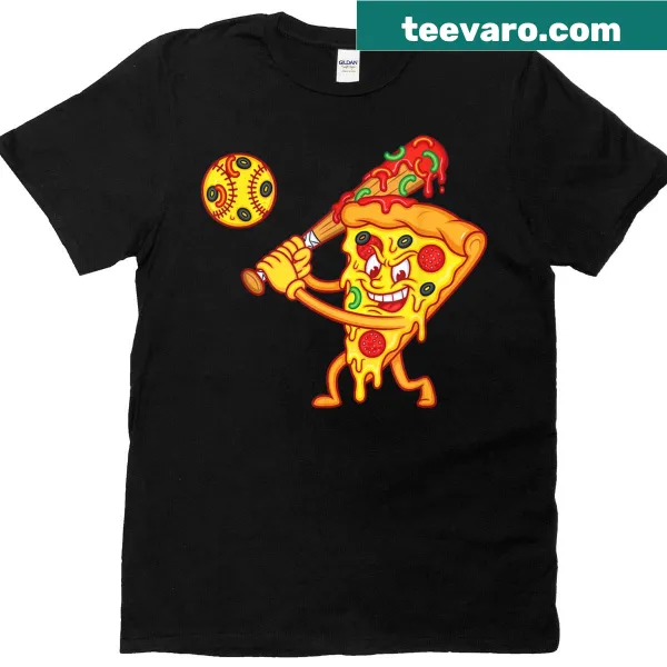 Cartoon pizza slice and baseball graphic on a funny T-shirt