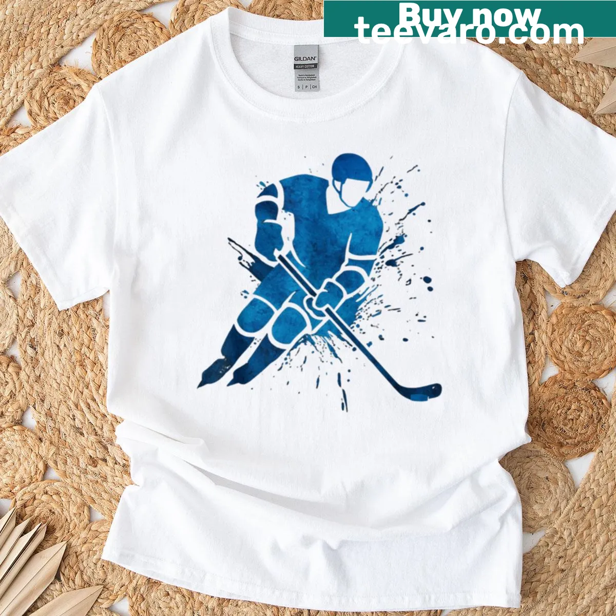 Dynamic watercolor silhouette of a hockey player on T-shirt — on a men's t-shirt