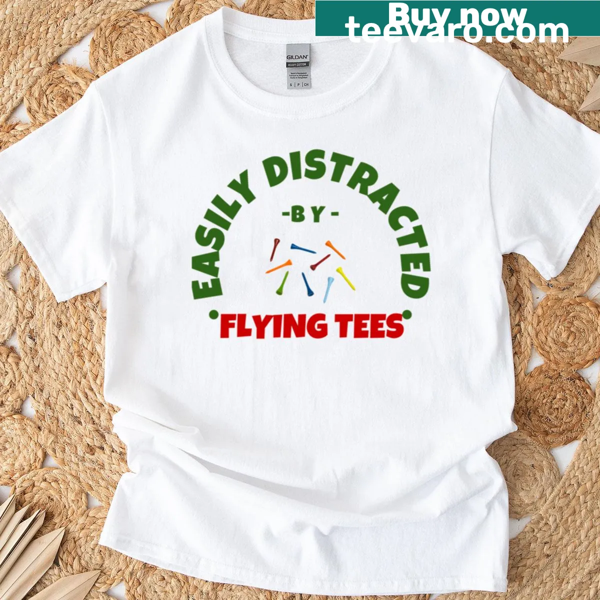Funny golf humor T-shirt with phrase Easily Distracted By Flying Tees — on a men's t-shirt