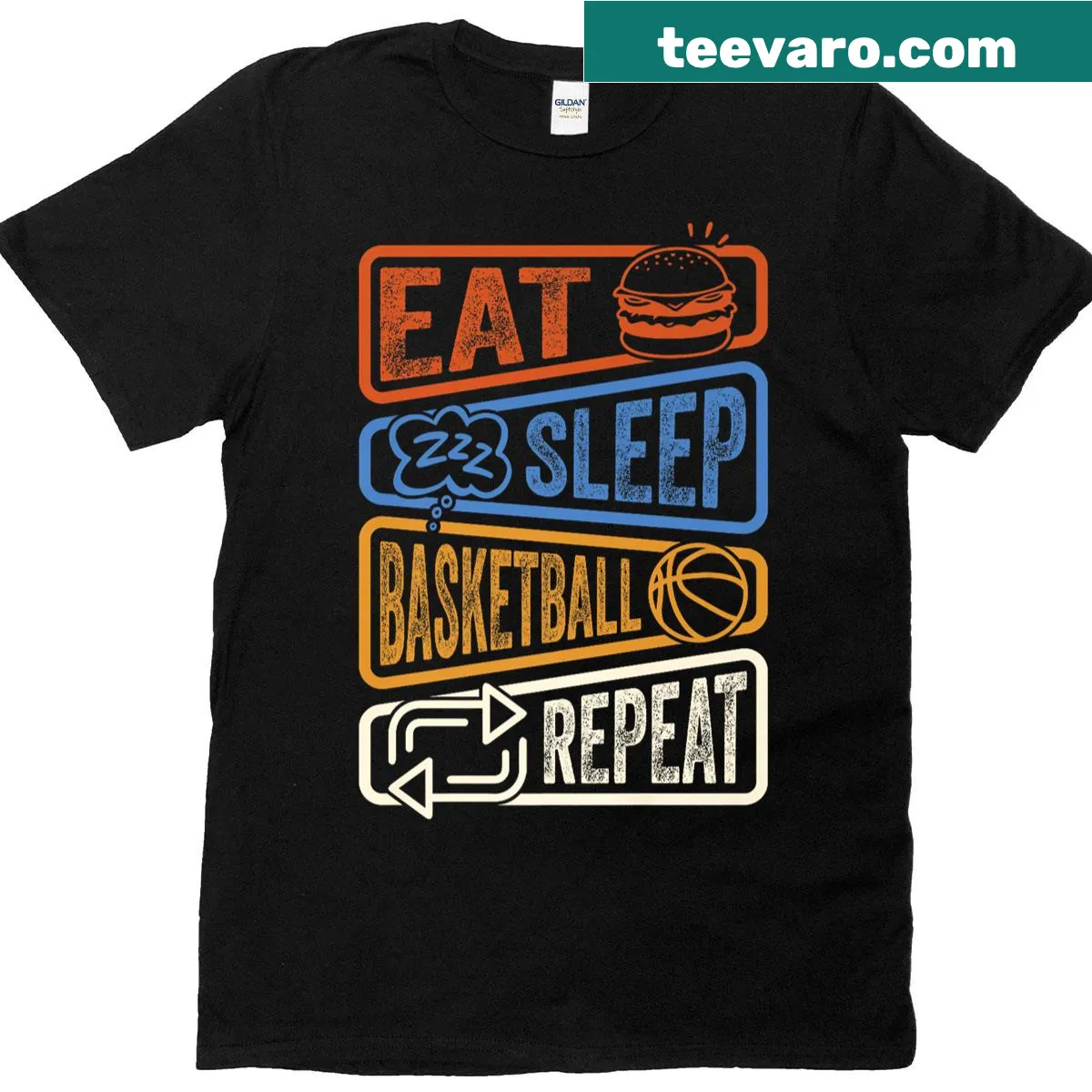 T-shirt with the phrase Eat Sleep Basketball Repeat in bold text — on a men's t-shirt