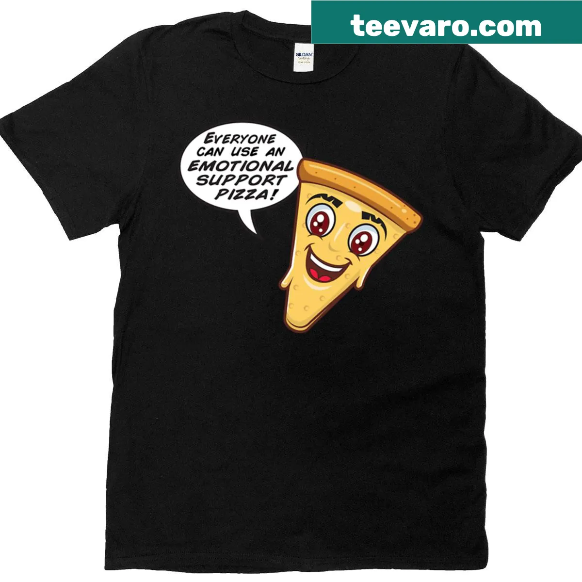 T-shirt featuring humorous text about pizza as emotional support. — on a men's t-shirt