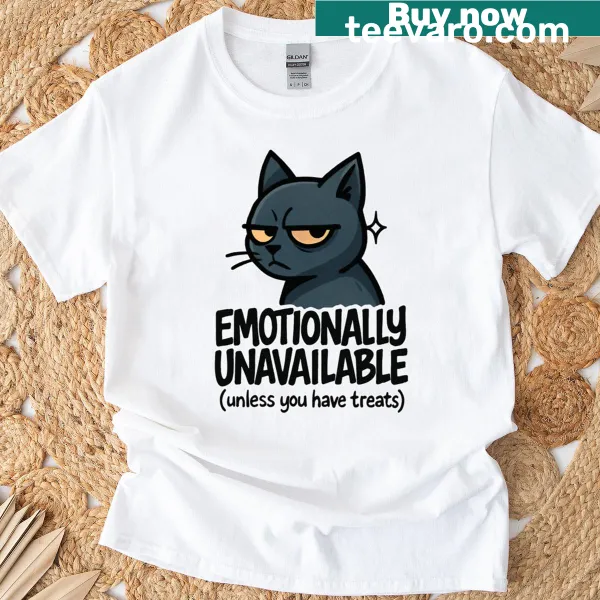 Funny cat-themed t-shirt with graffiti-style design expressing emotional unavailability