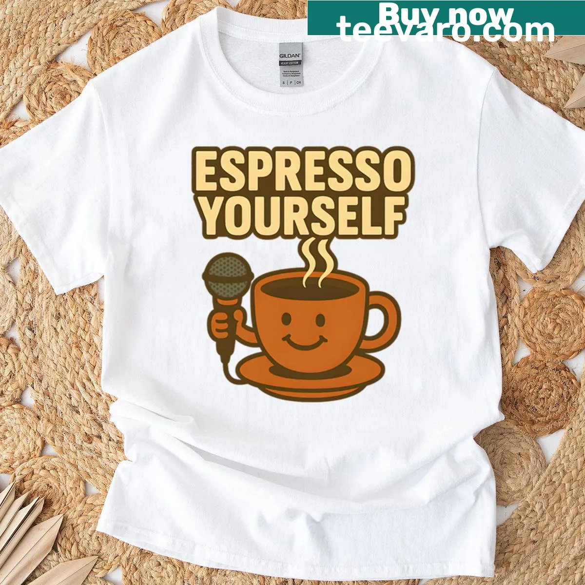 Cute coffee cup illustration with pun text — on a men's t-shirt