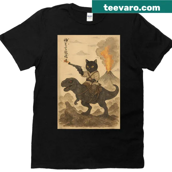 Playful illustration of a cat and dinosaur with a volcanic eruption