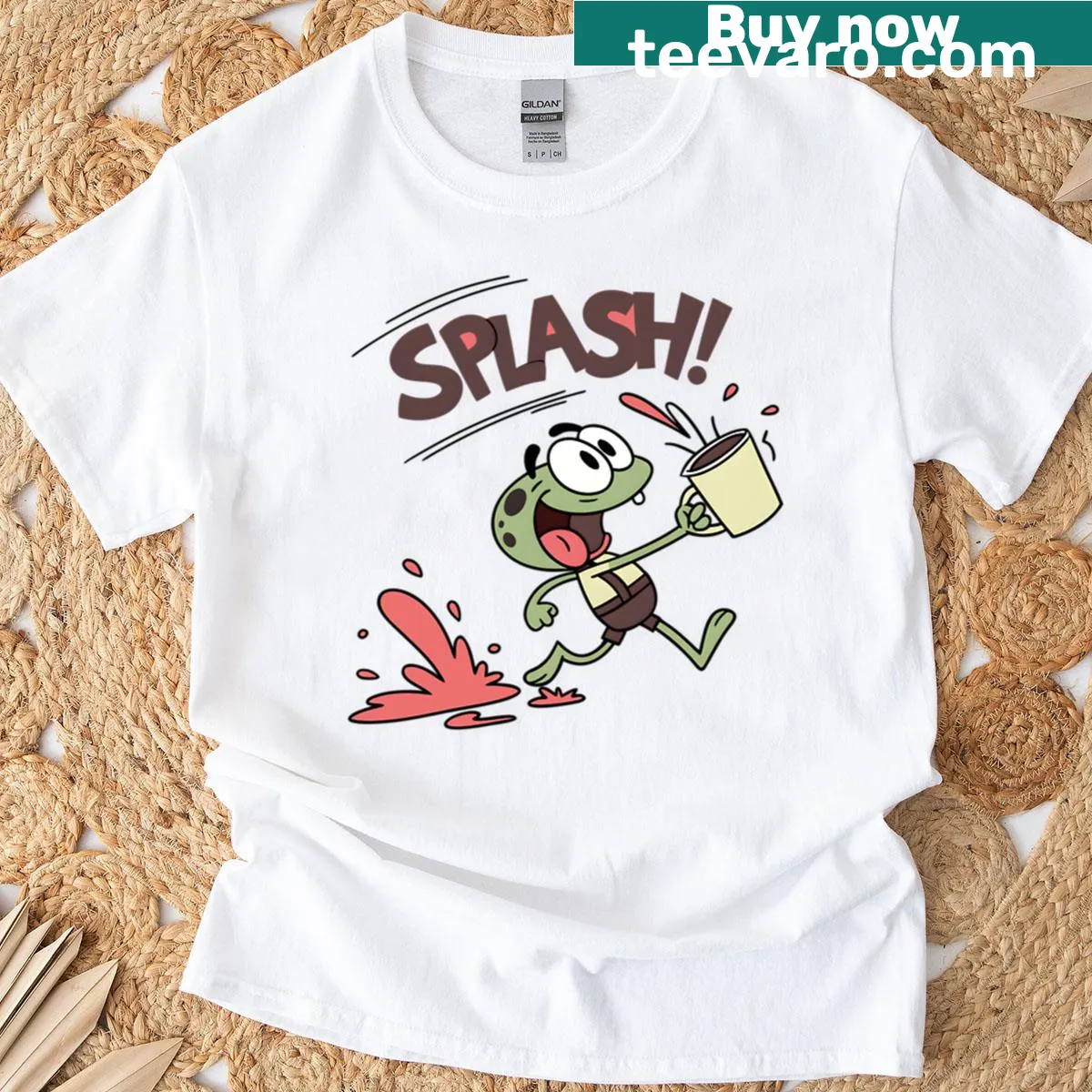 Playful illustration of a frog holding coffee — on a men's t-shirt