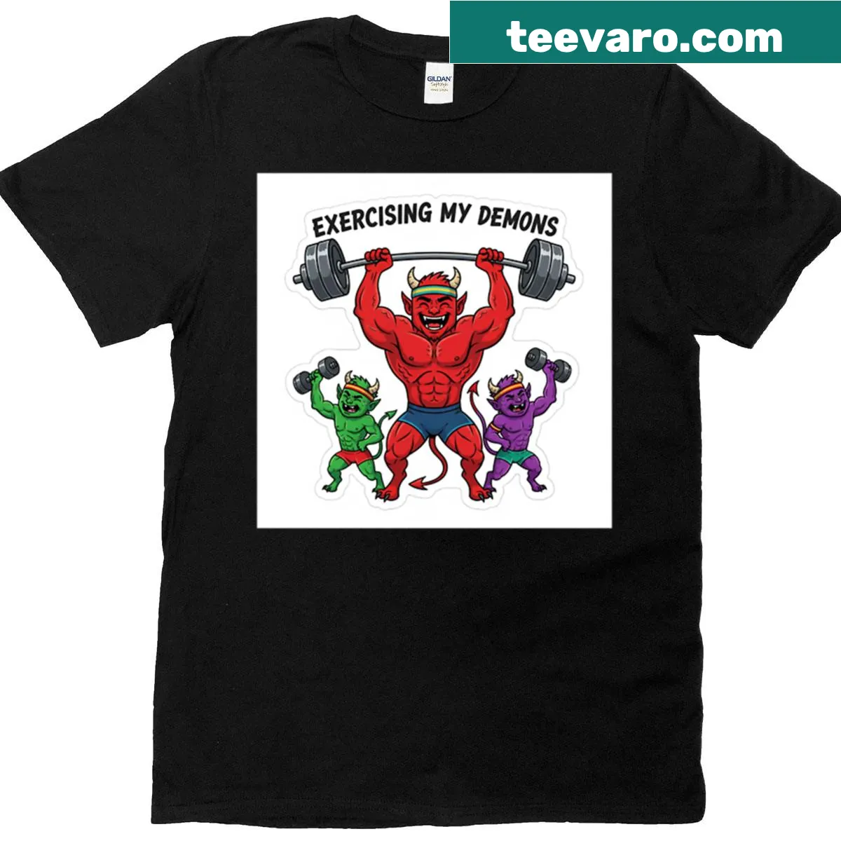 T-shirt with the phrase 'Exercising My Demons' for gym enthusiasts. — on a men's t-shirt