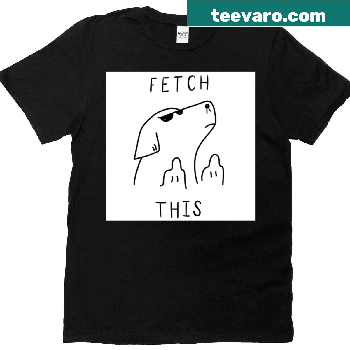 T-shirt featuring a playful dog illustration flipping off with 'Fetch This' text — on a men's t-shirt