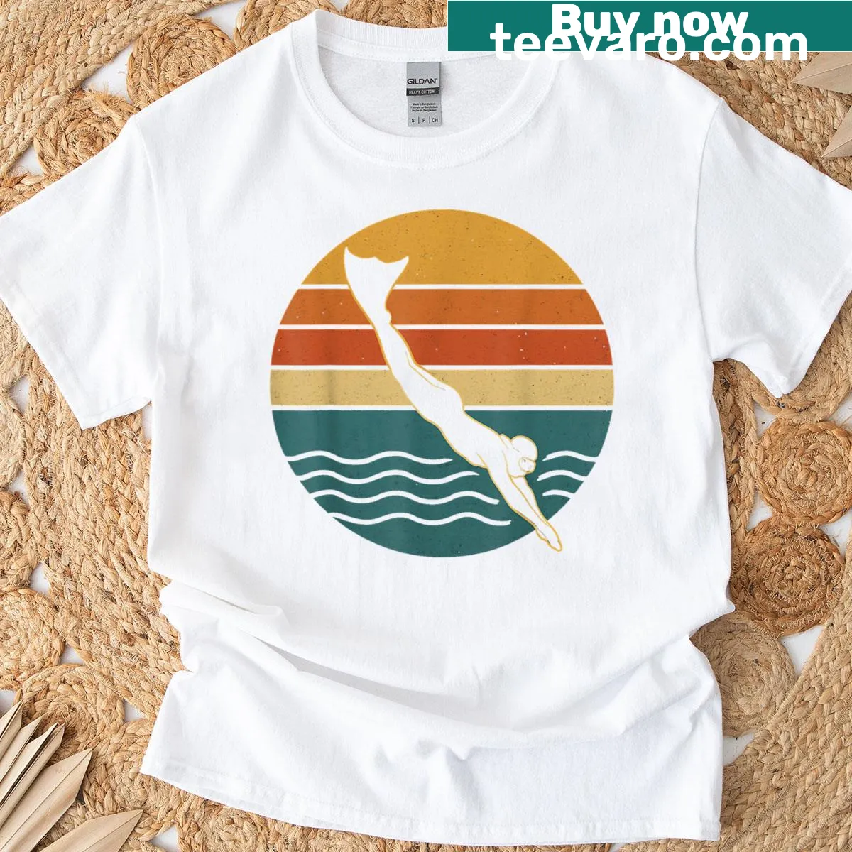 Retro finswimming t-shirt with swimmer graphic and bold lettering — on a men's t-shirt
