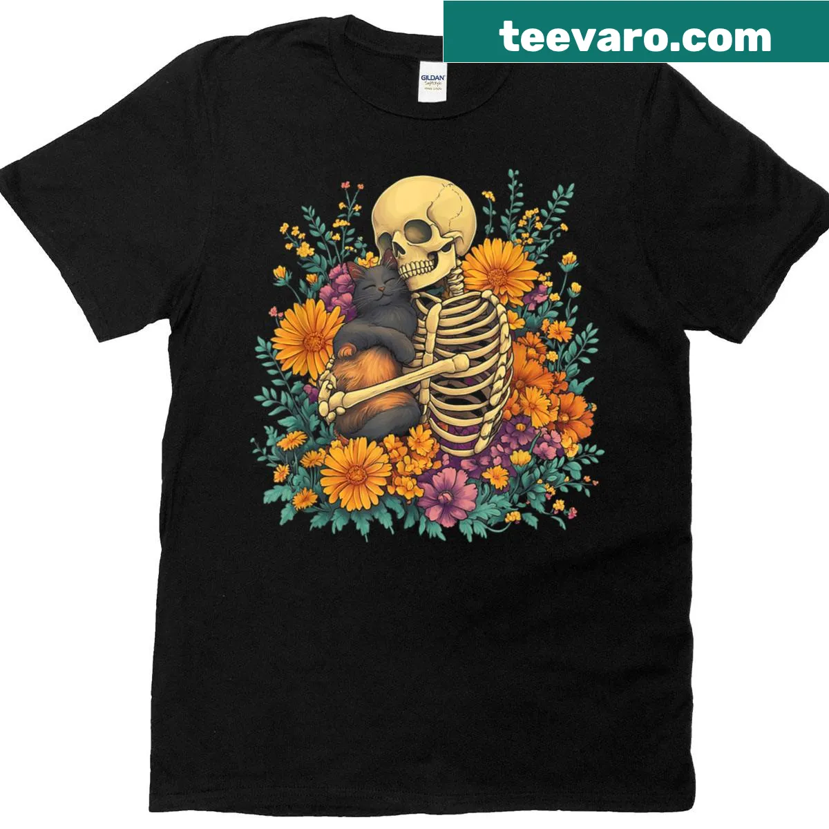 Floral skeleton hugging a tabby cat graphic on a T-shirt — on a men's t-shirt