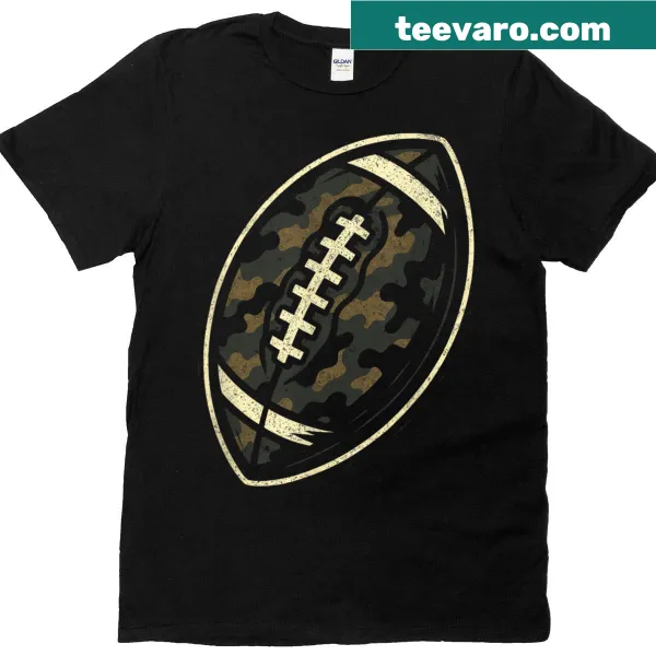 Camouflage-themed t-shirt featuring a quarterback in action