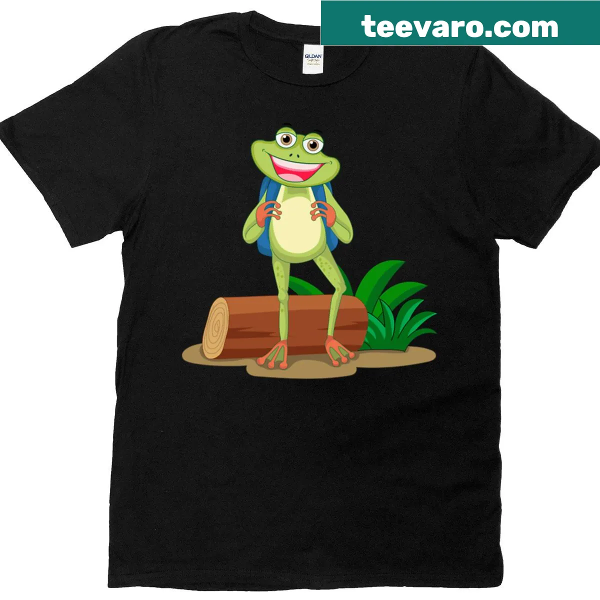 Cute illustration of a frog with a school bag — on a men's t-shirt