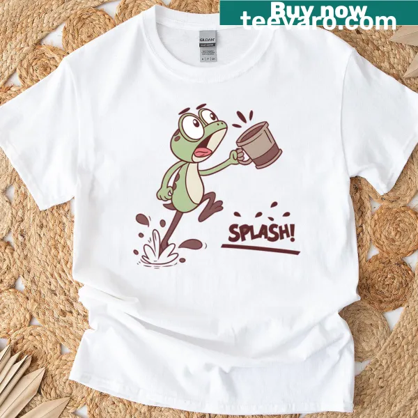 Illustrated T-shirt featuring a froggy character with coffee chaos