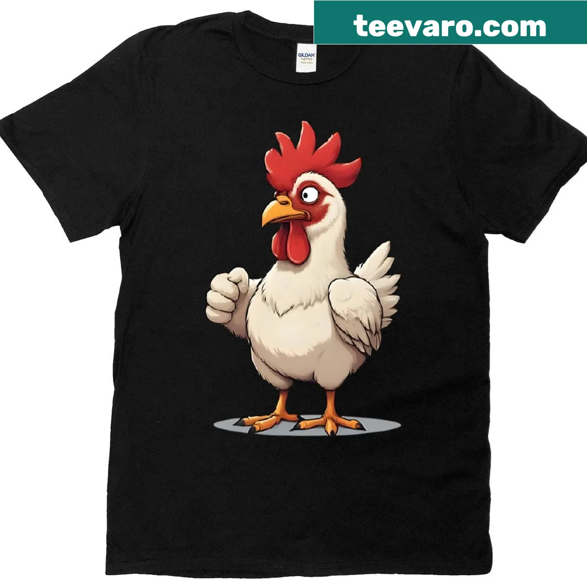 Funny T-shirt with a chicken doing workout exercises — on a men's t-shirt