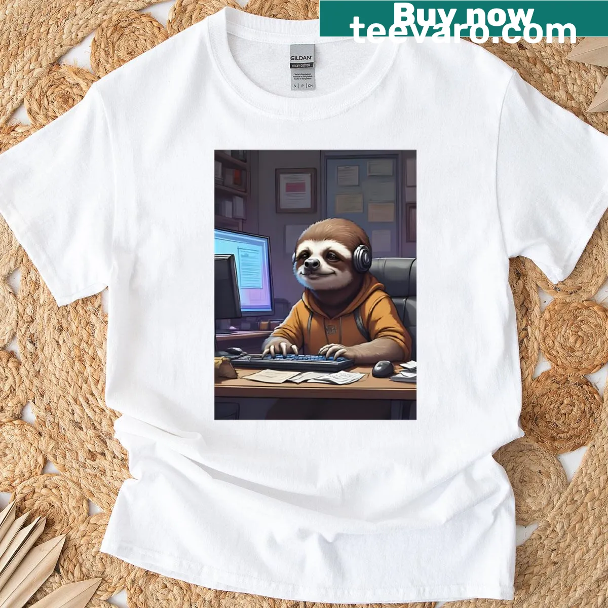 Oversized sloth gaming T-shirt with playful graphic — on a men's t-shirt