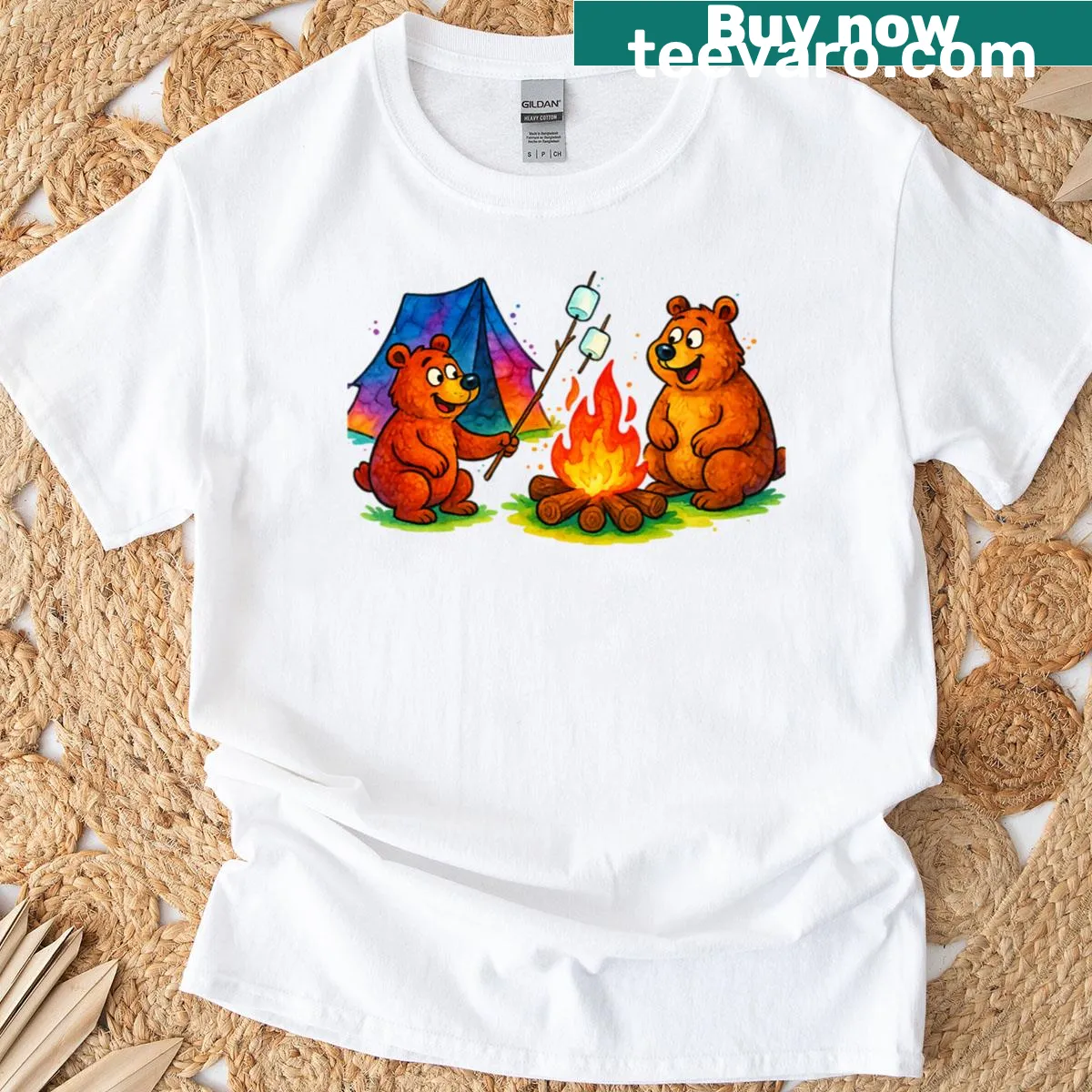 Camping-themed oversized T-shirt with humorous design — on a men's t-shirt