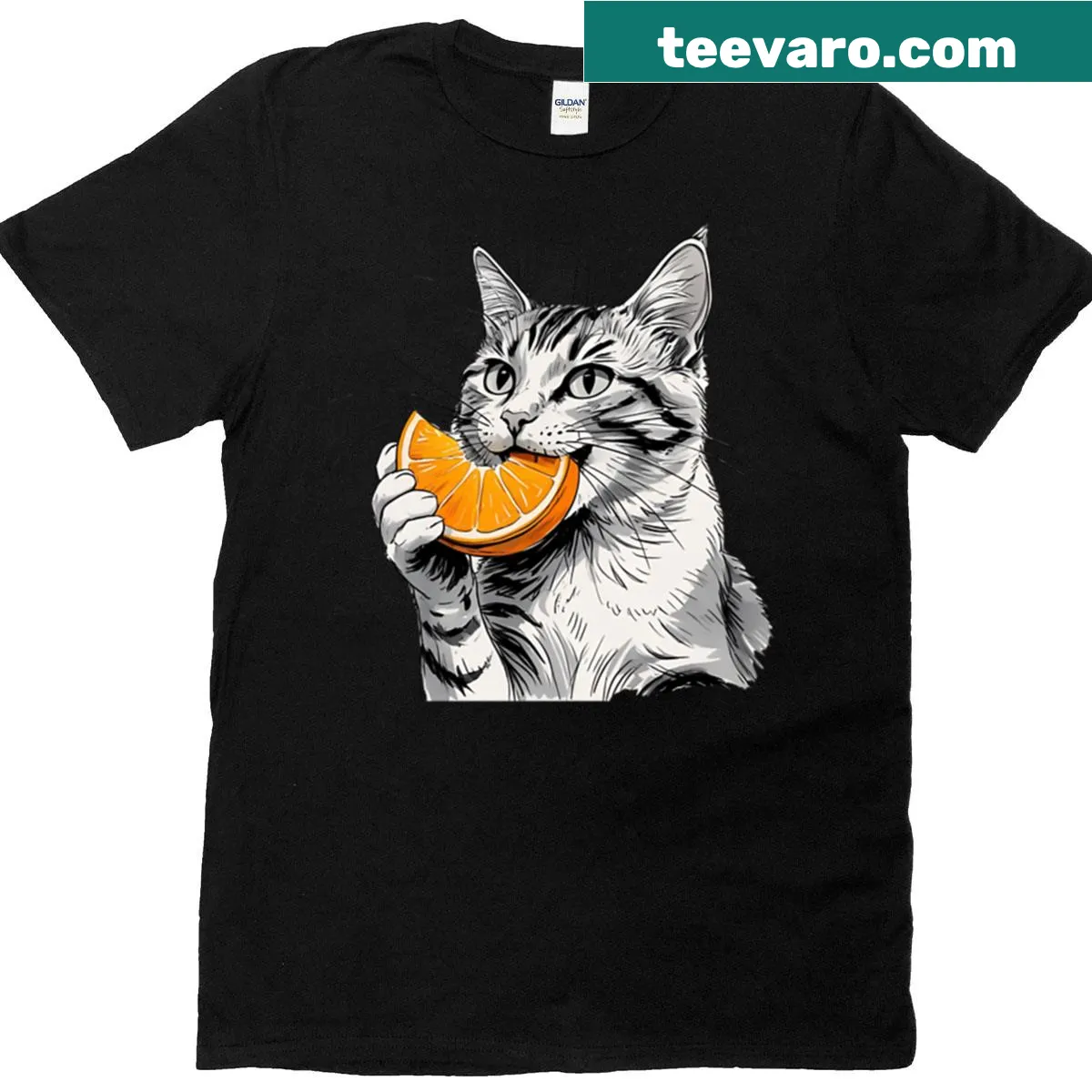 Cartoon cat eating an orange slice in black and white drawing — on a men's t-shirt
