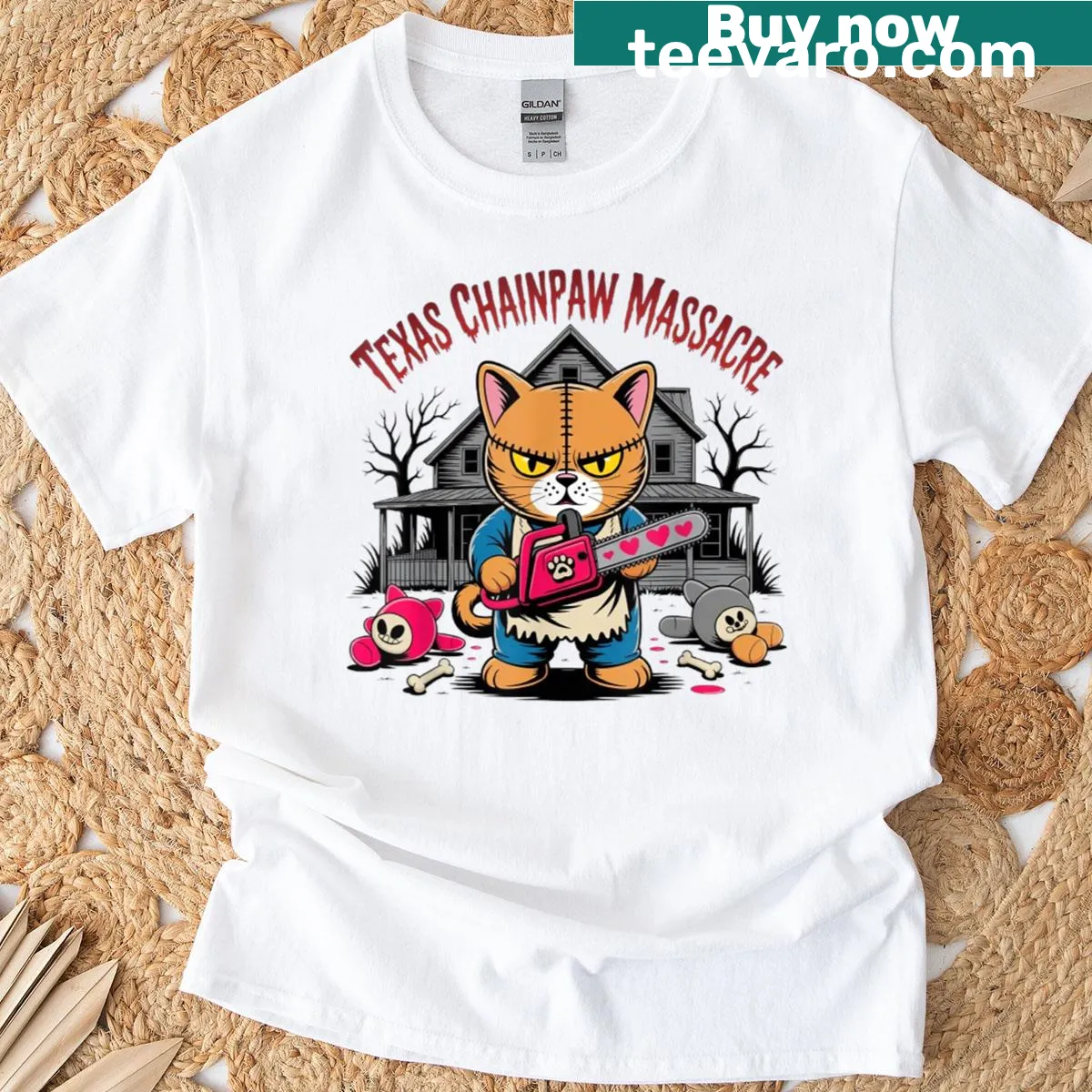 Cute cat design with horror movie themes on a Halloween T-shirt — on a men's t-shirt