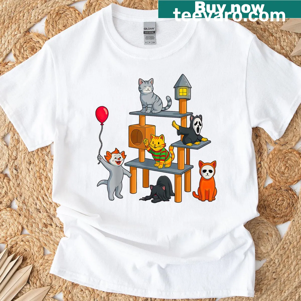 Illustrated cat with horror movie elements for Halloween T-shirt — on a men's t-shirt