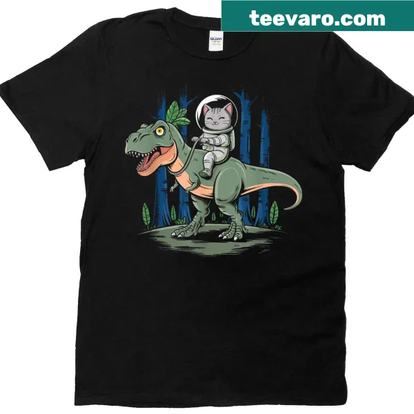 Cartoon cat riding a dinosaur on a humorous T-shirt