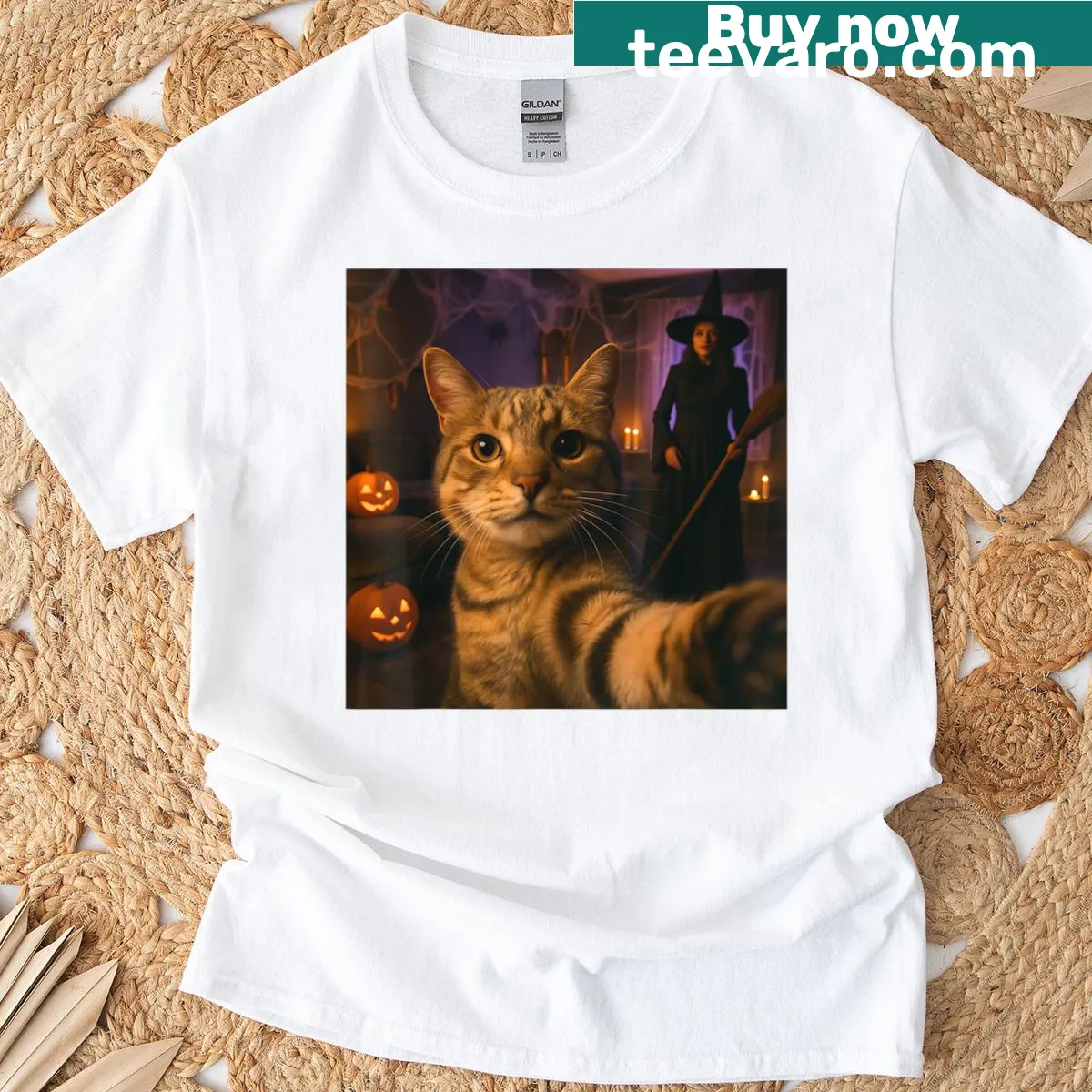 Cat selfie with witch Halloween illustration T-shirt — on a men's t-shirt