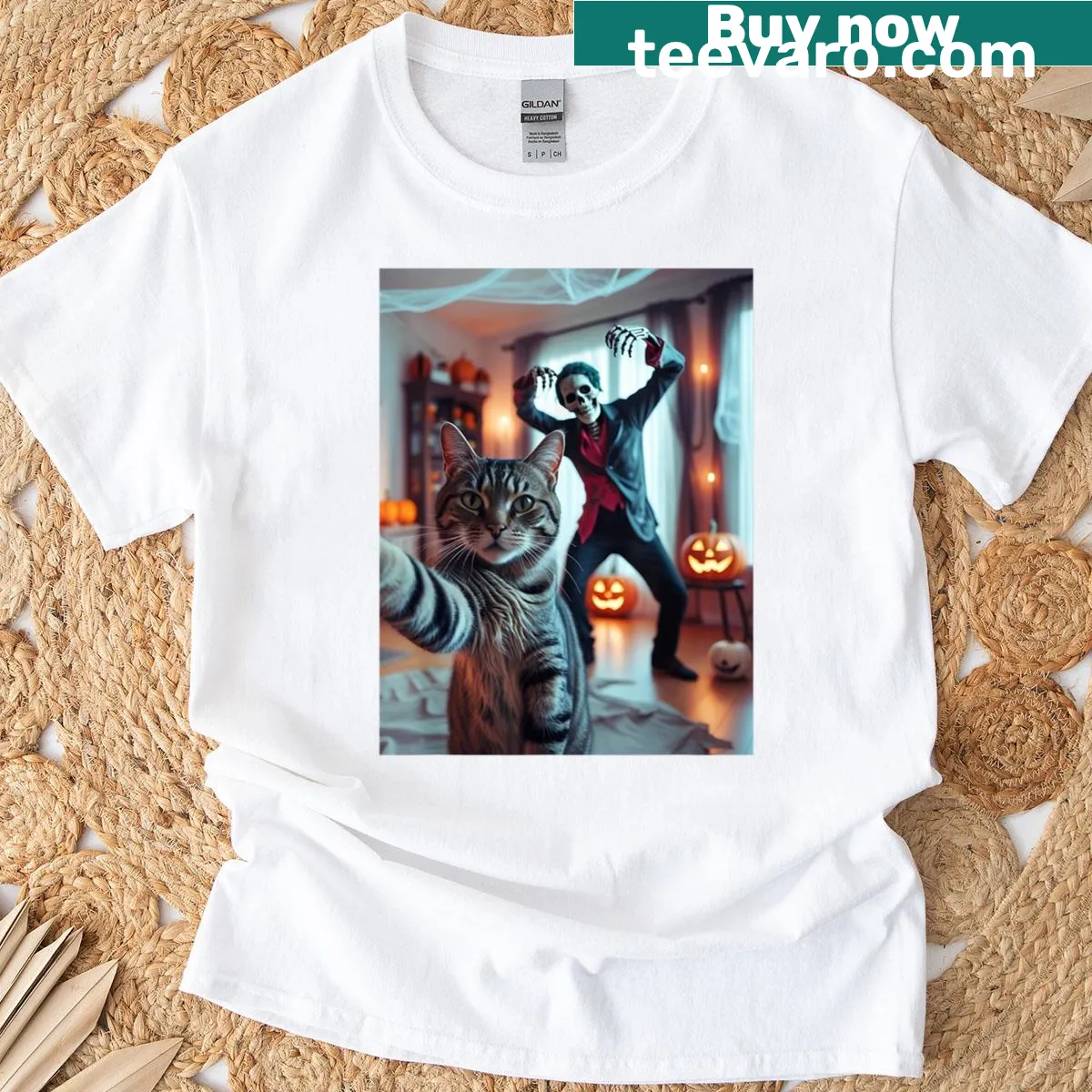 Cartoon cat selfie with a skeleton on a Halloween T-shirt — on a men's t-shirt