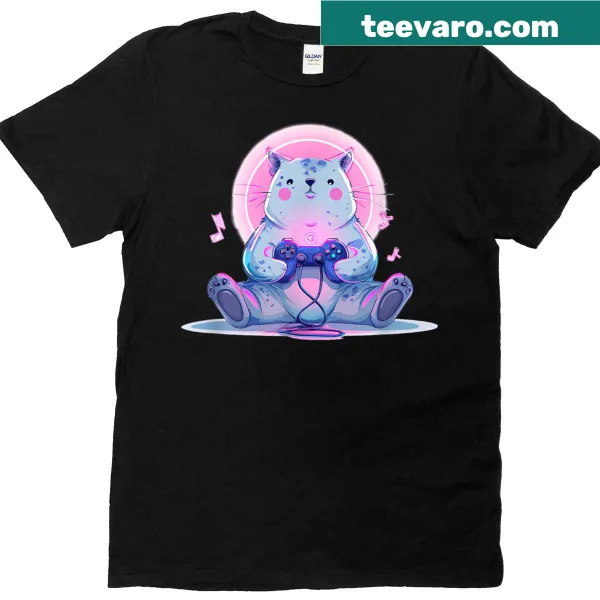 Whimsical cat graphic on a gaming-themed T-shirt