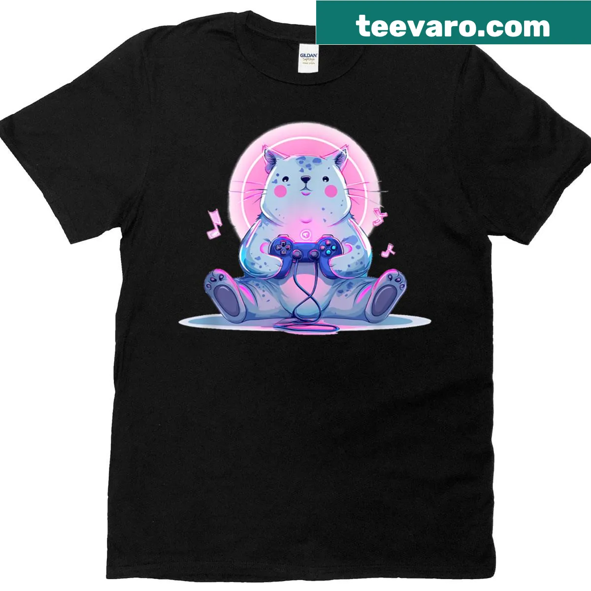 Whimsical cat graphic on a gaming-themed T-shirt — on a men's t-shirt