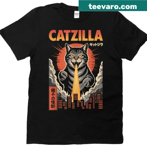 Graphic T-shirt featuring Catzilla, a humorous cat illustration