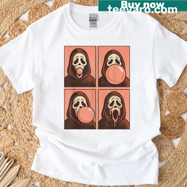 Humorous Halloween T-shirt featuring a ghost character chewing bubble gum