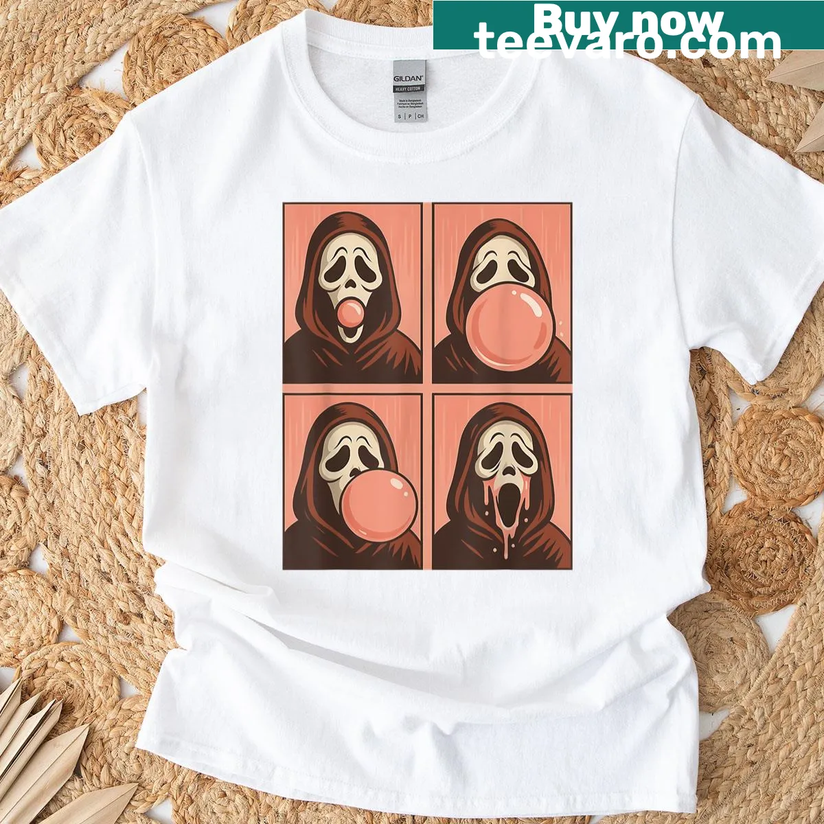 Humorous Halloween T-shirt featuring a ghost character chewing bubble gum — on a men's t-shirt