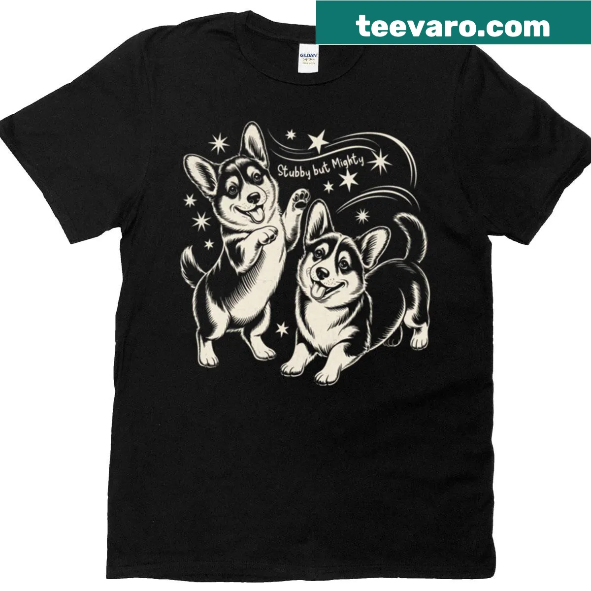 Vintage graphic t-shirt featuring funny corgis in a playful design — on a men's t-shirt