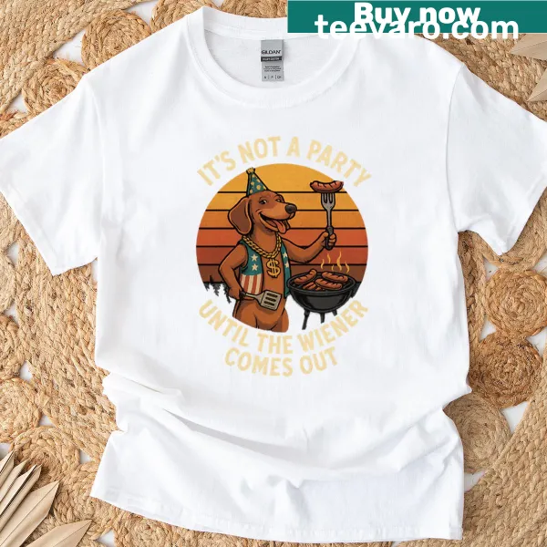 Oversized t-shirt with a cartoon dachshund and humorous BBQ text
