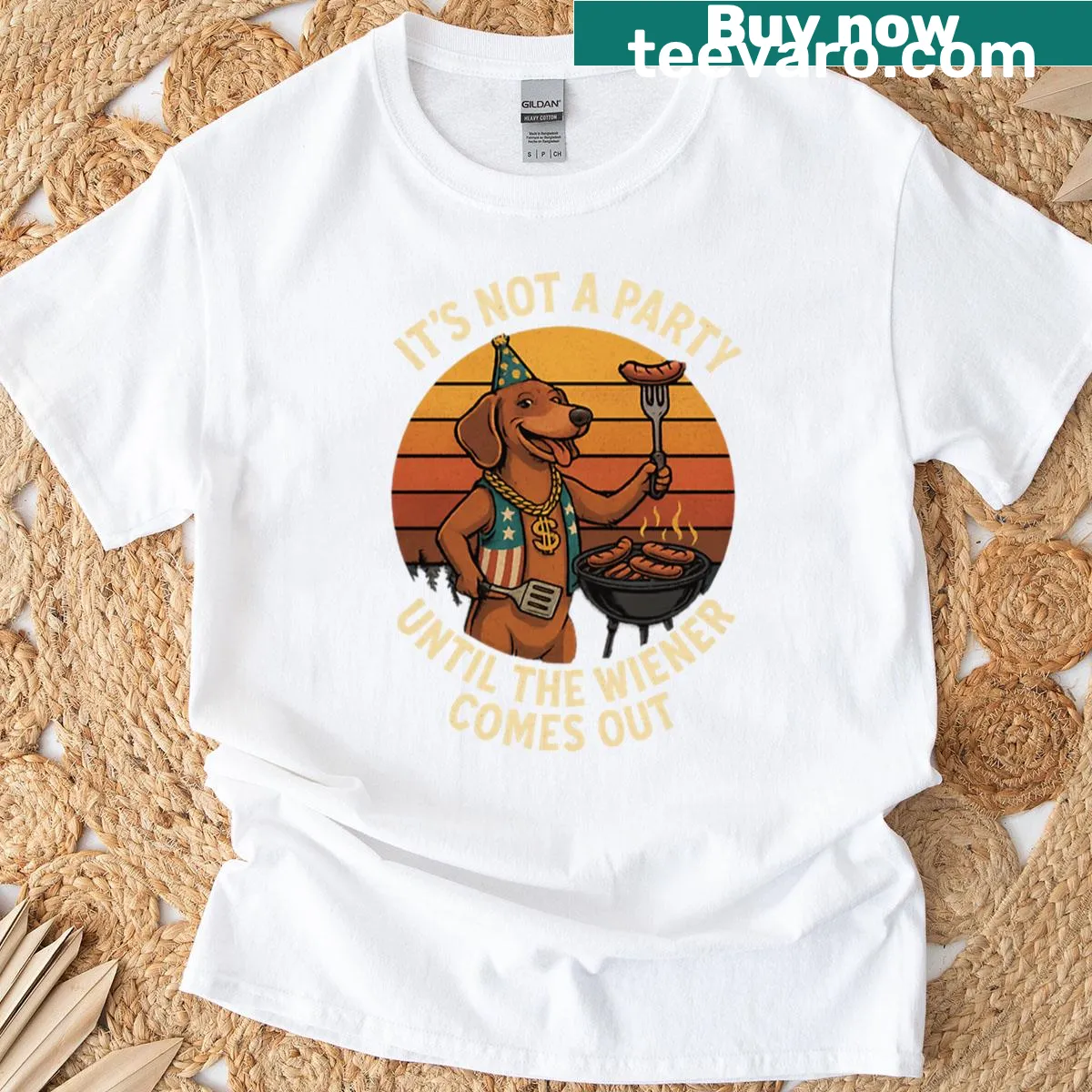 Oversized t-shirt with a cartoon dachshund and humorous BBQ text — on a men's t-shirt
