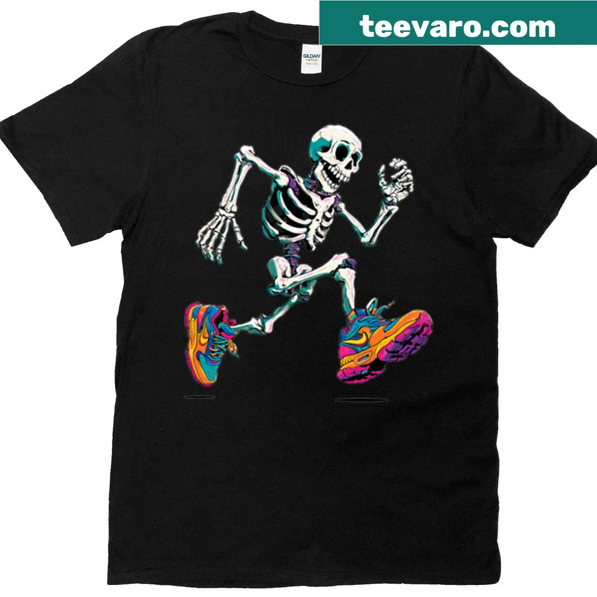T-shirt with a funny dancing skeleton cartoon for Halloween — on a men's t-shirt