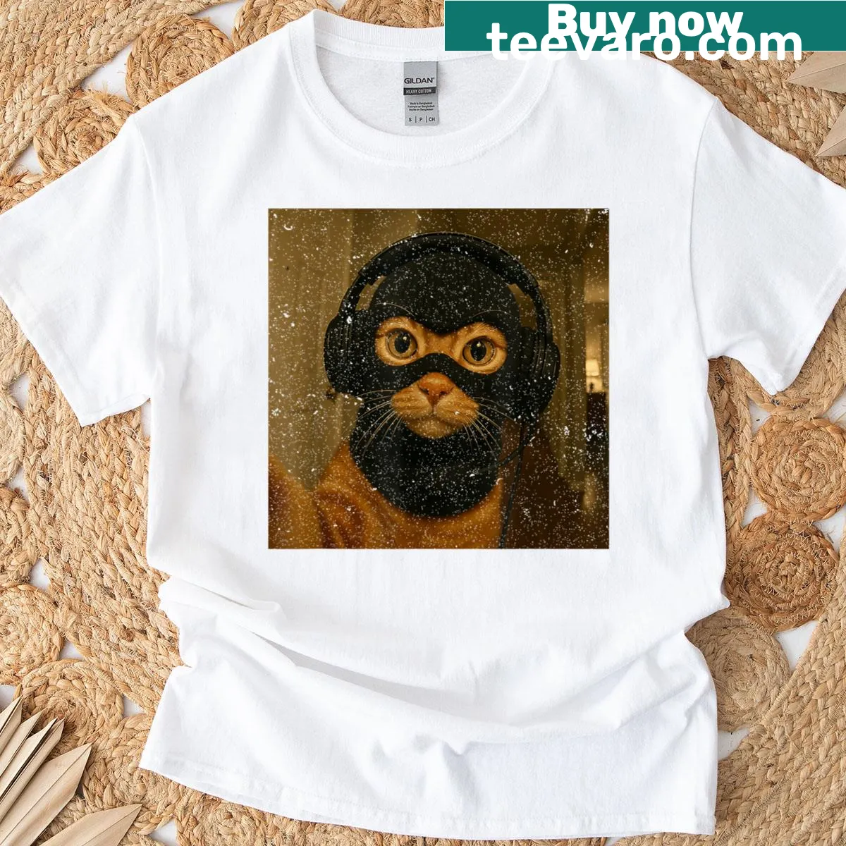 Cat in balaclava and headsets graphic on a gaming-themed t-shirt — on a men's t-shirt