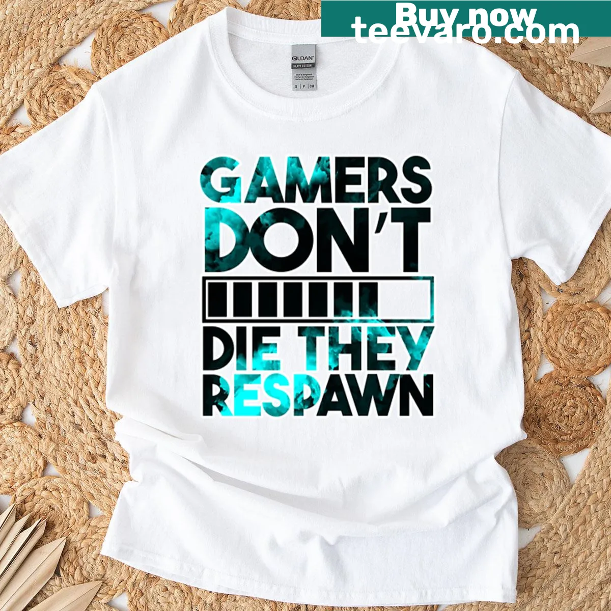 Oversized T-shirt with a funny gamer saying in teal smoke — on a men's t-shirt