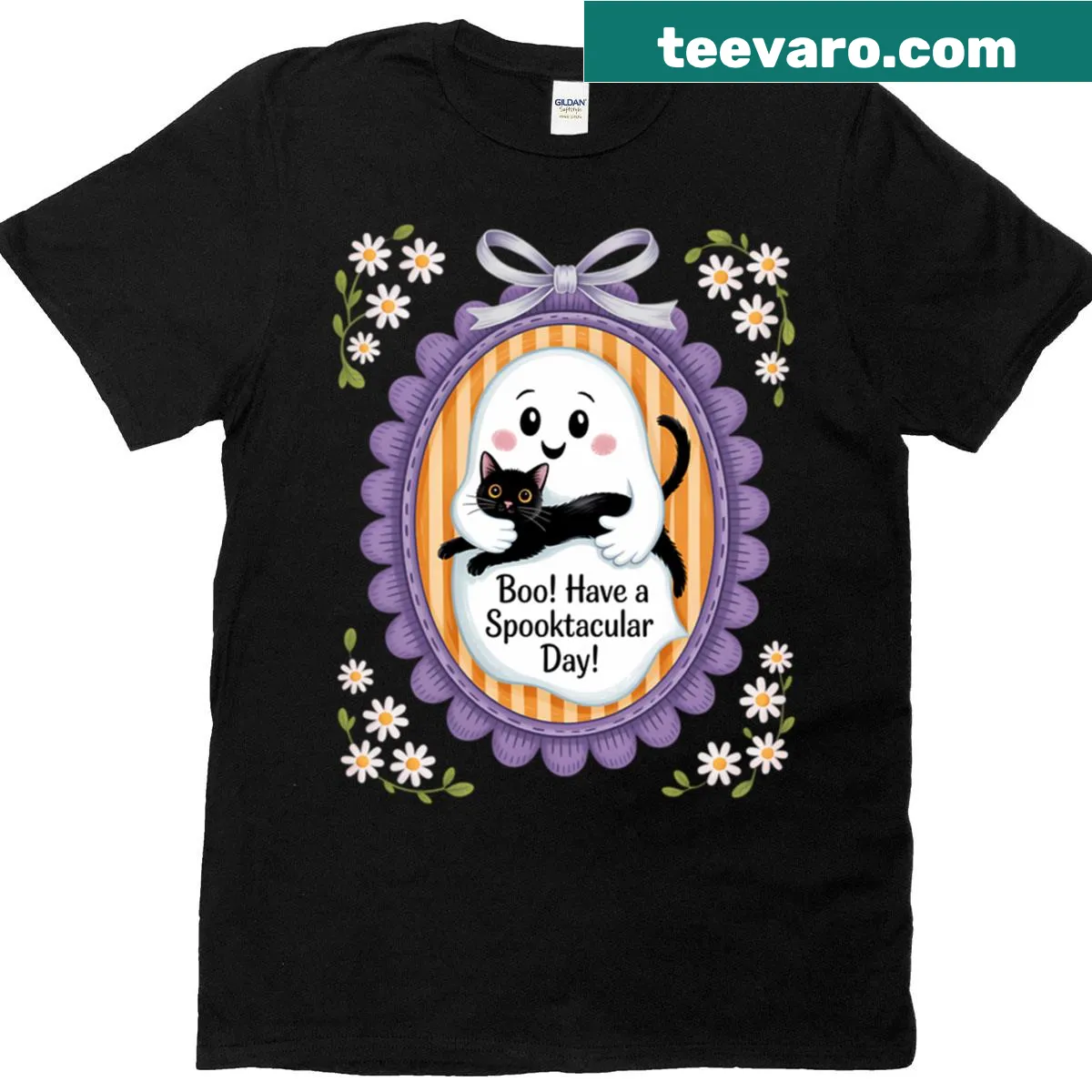 Playful ghost and black cat illustration on a Halloween T-shirt — on a men's t-shirt