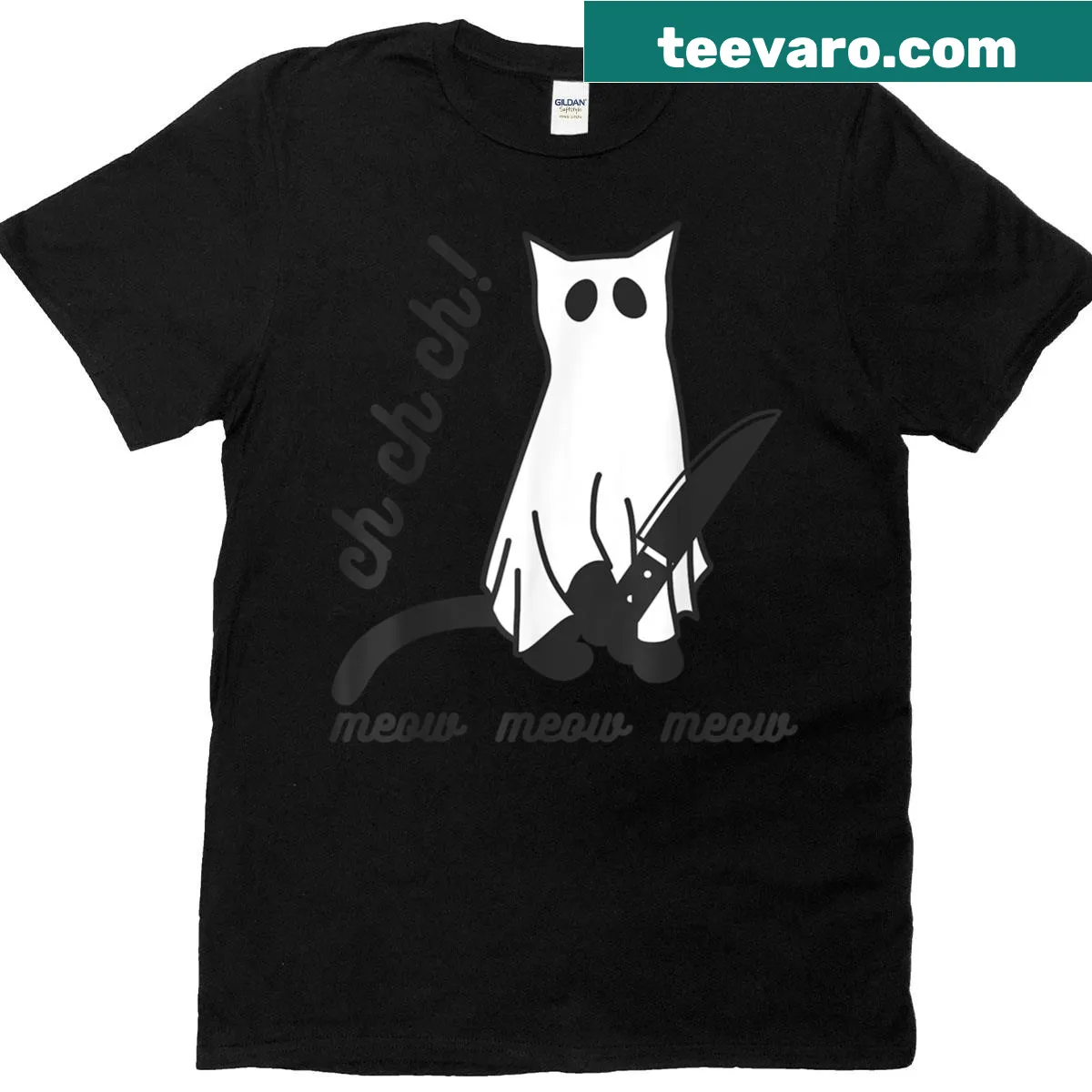 Halloween-themed T-shirt featuring a cat and horror movie reference — on a men's t-shirt