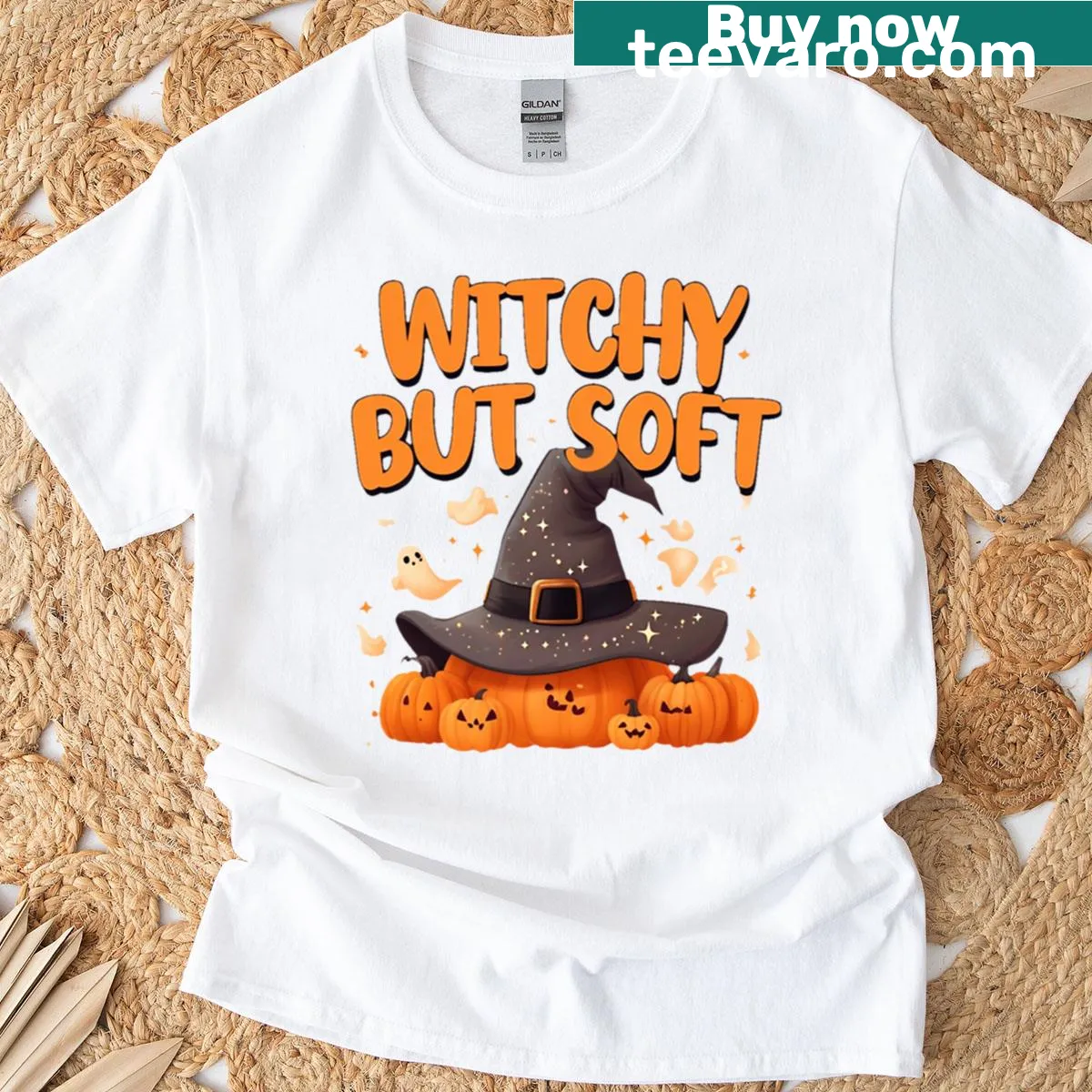Cute Halloween T-shirt with witch hat and pumpkin illustration — on a men's t-shirt