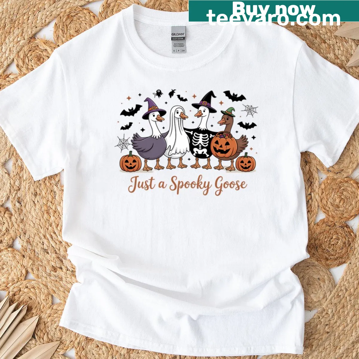 Cartoon goose in a ghost costume for Halloween humor. — on a men's t-shirt