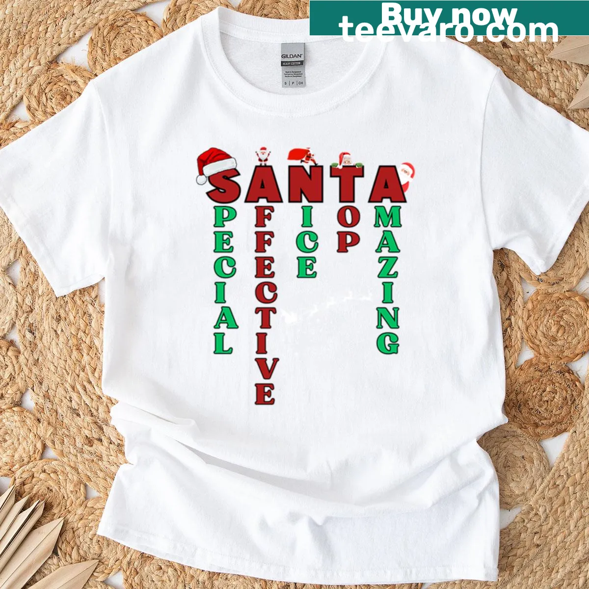 Funny Christmas T-shirt featuring a playful acrostic of Santa Claus — on a men's t-shirt