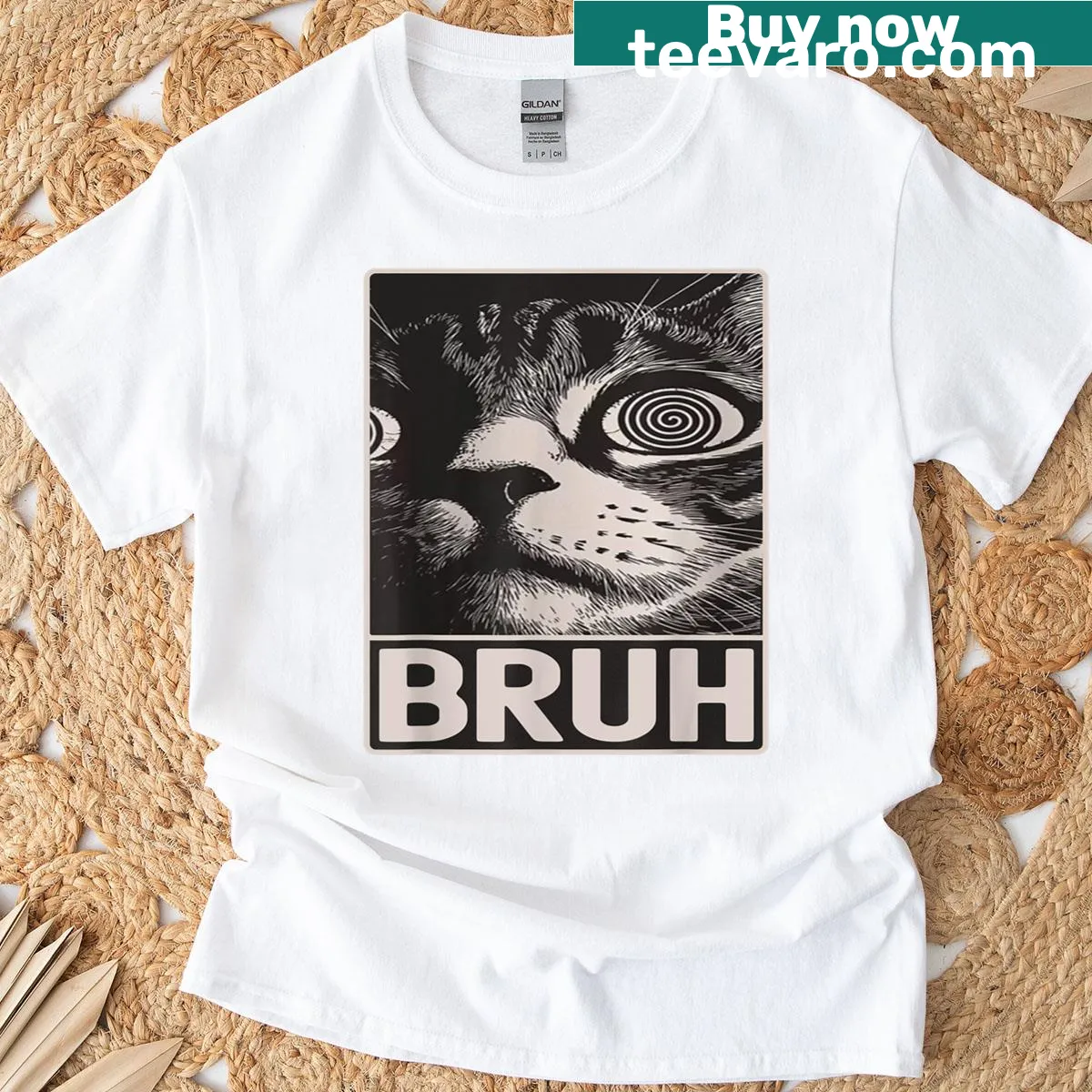 Funny cat meme graphic t-shirt featuring crazy eyes and the word 'Bruh' — on a men's t-shirt