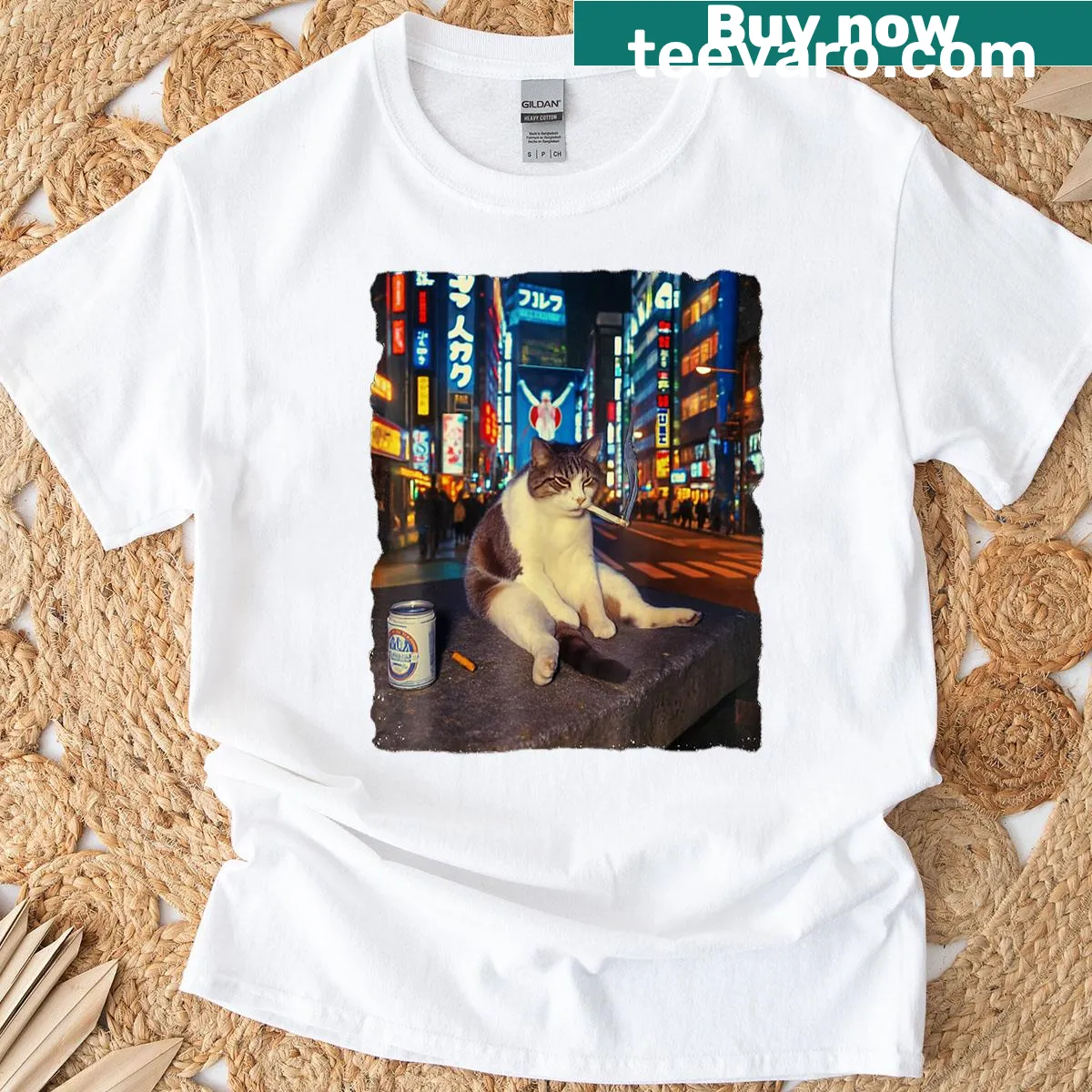Humorous graphic t-shirt featuring a cartoon cat smoking a cigarette — on a men's t-shirt