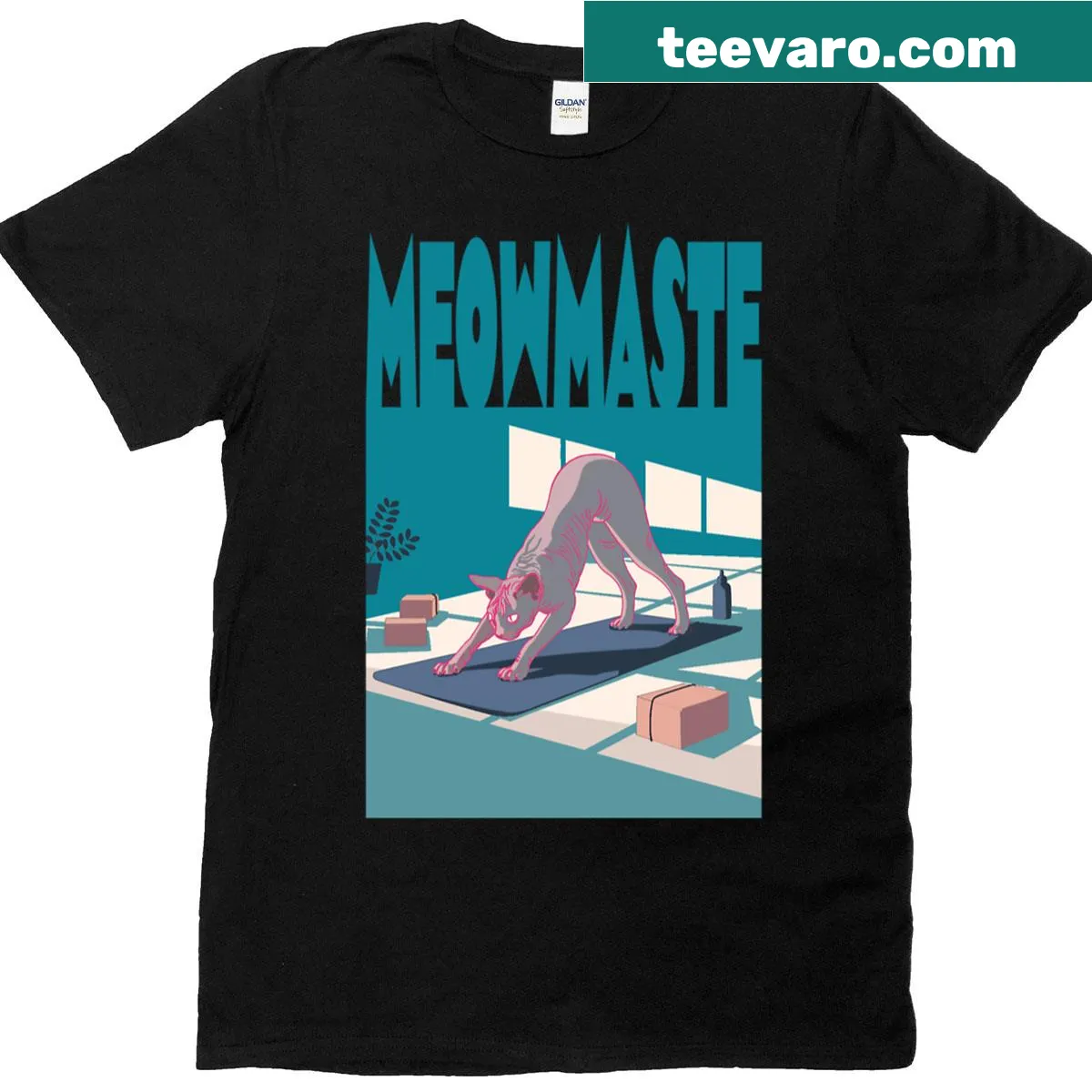 Sphynx cat in yoga pose graphic on a t-shirt — on a men's t-shirt