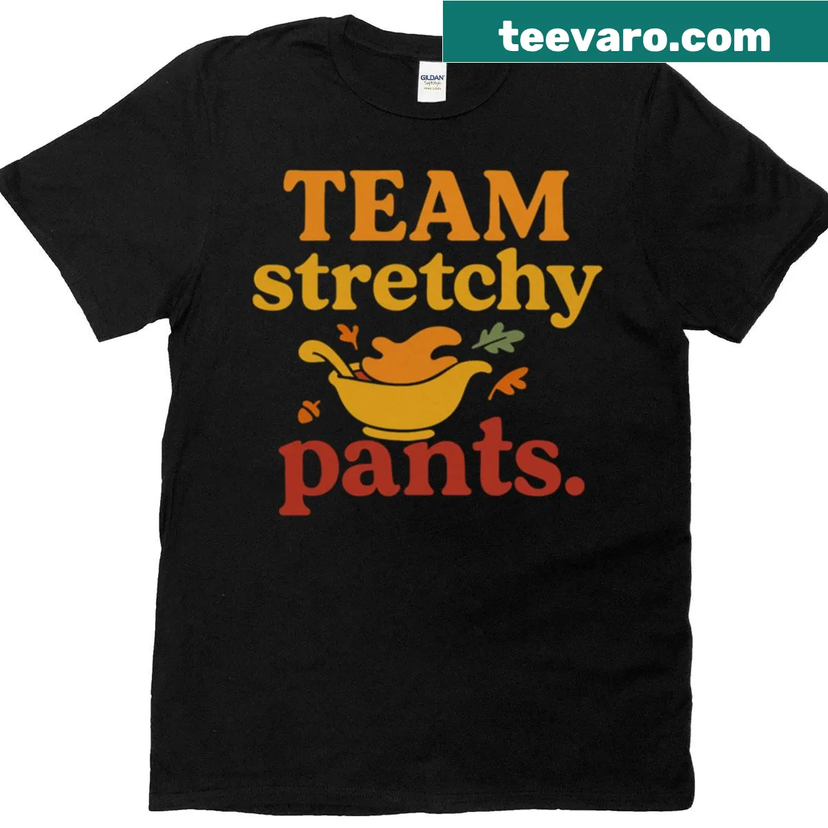 Funny Thanksgiving t-shirt with text about stretchy pants — on a men's t-shirt