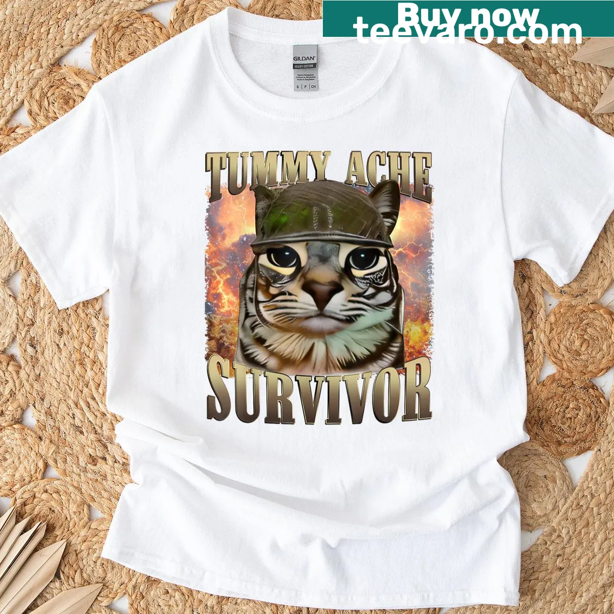 Cat meme depicting a tummy ache on a humorous t-shirt — on a men's t-shirt